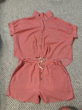 Red Gingham Women's Jumpsuit Romper - Casual Button Front